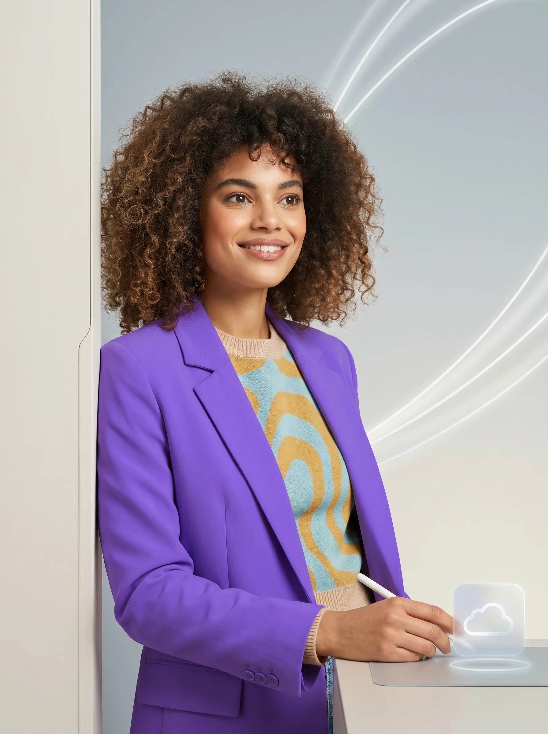 Smiling woman in a purple blazer
