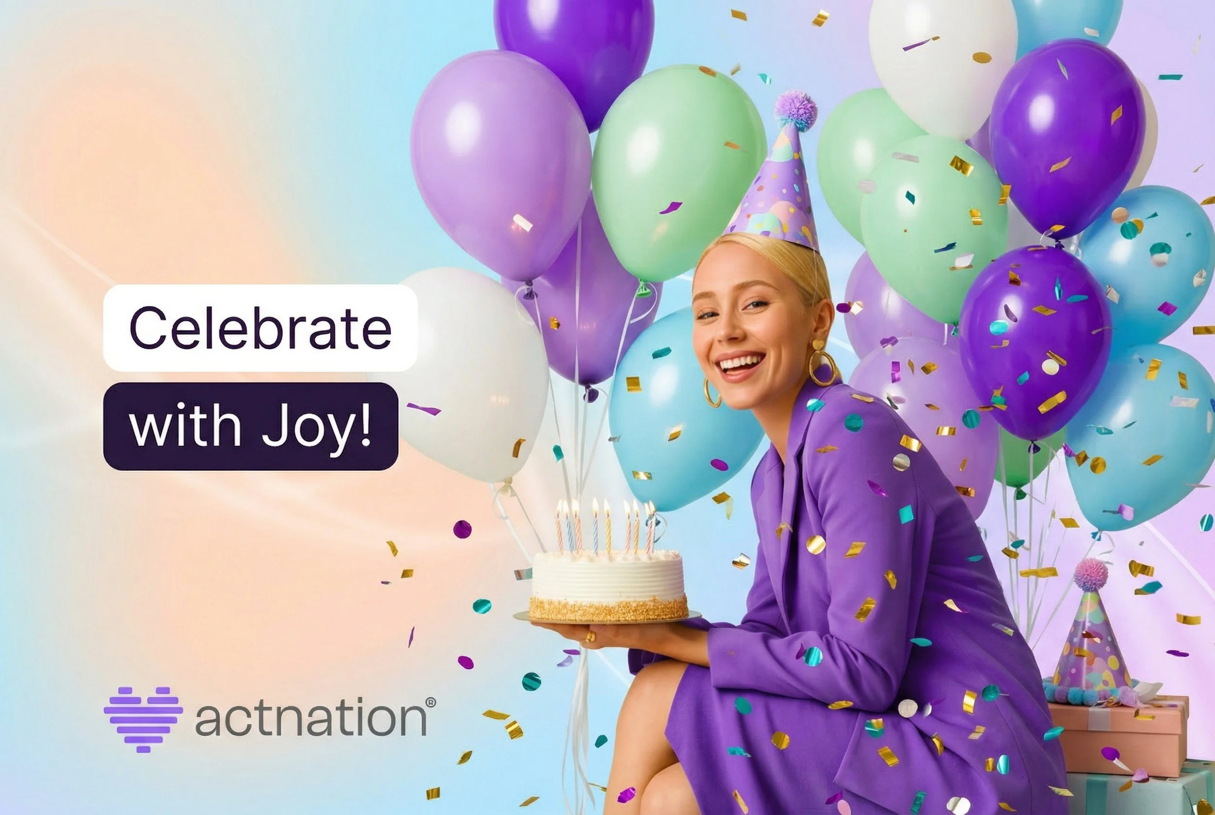 Woman celebrating with a birthday cake and balloons