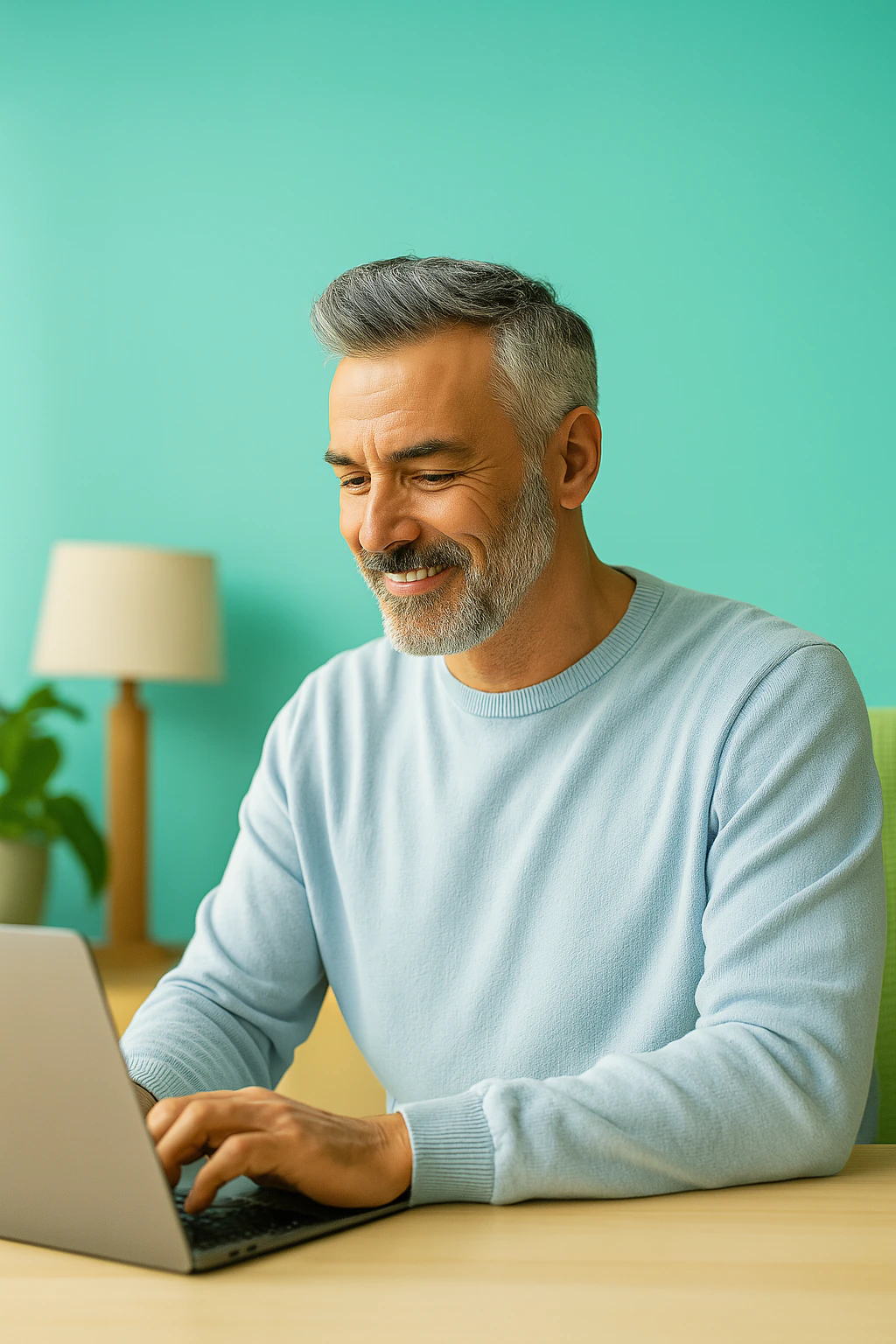 Smiling man working on a laptop
