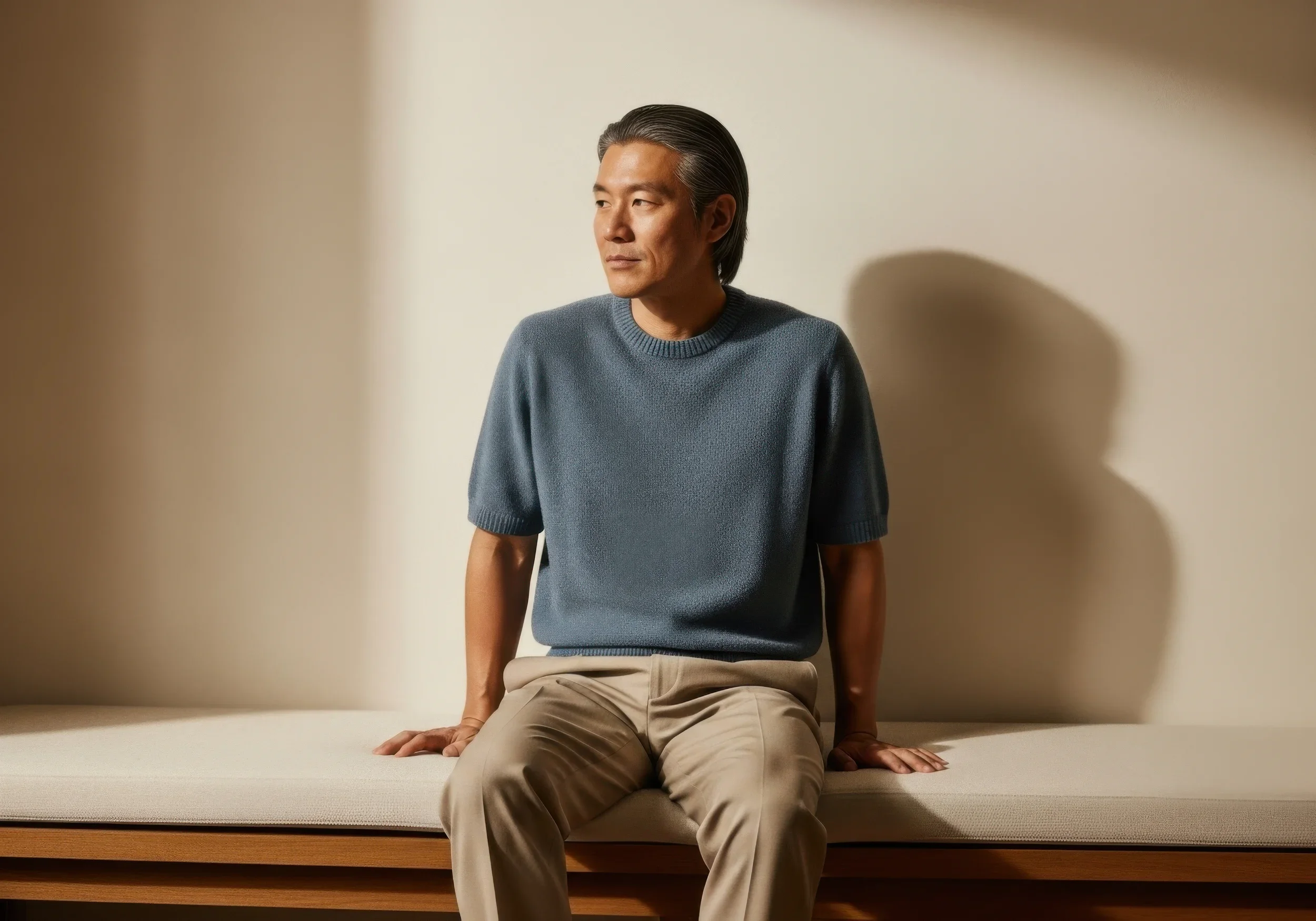 Man sitting on a bench, looking thoughtful