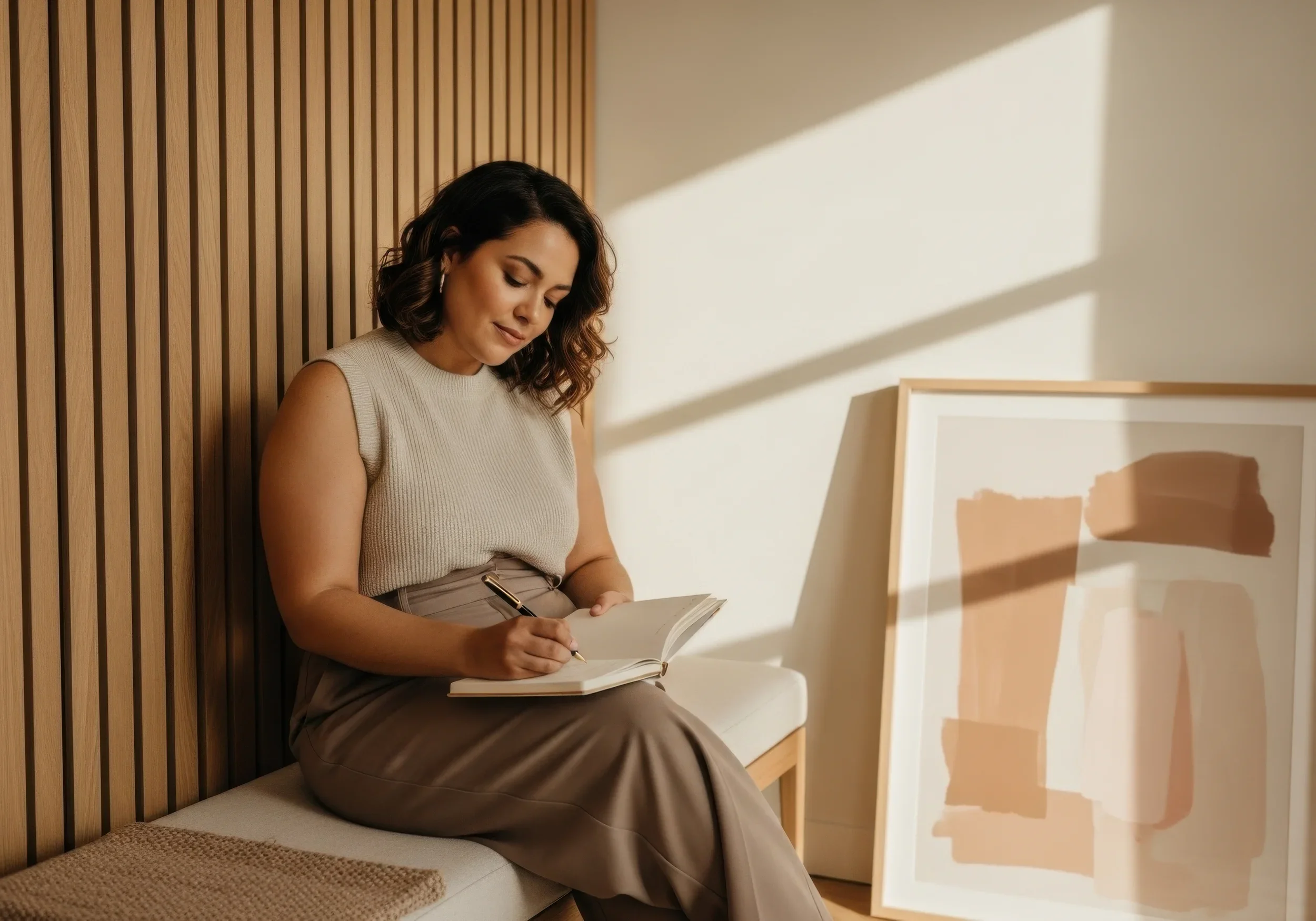 Woman writing in a notebook in a sunlit room