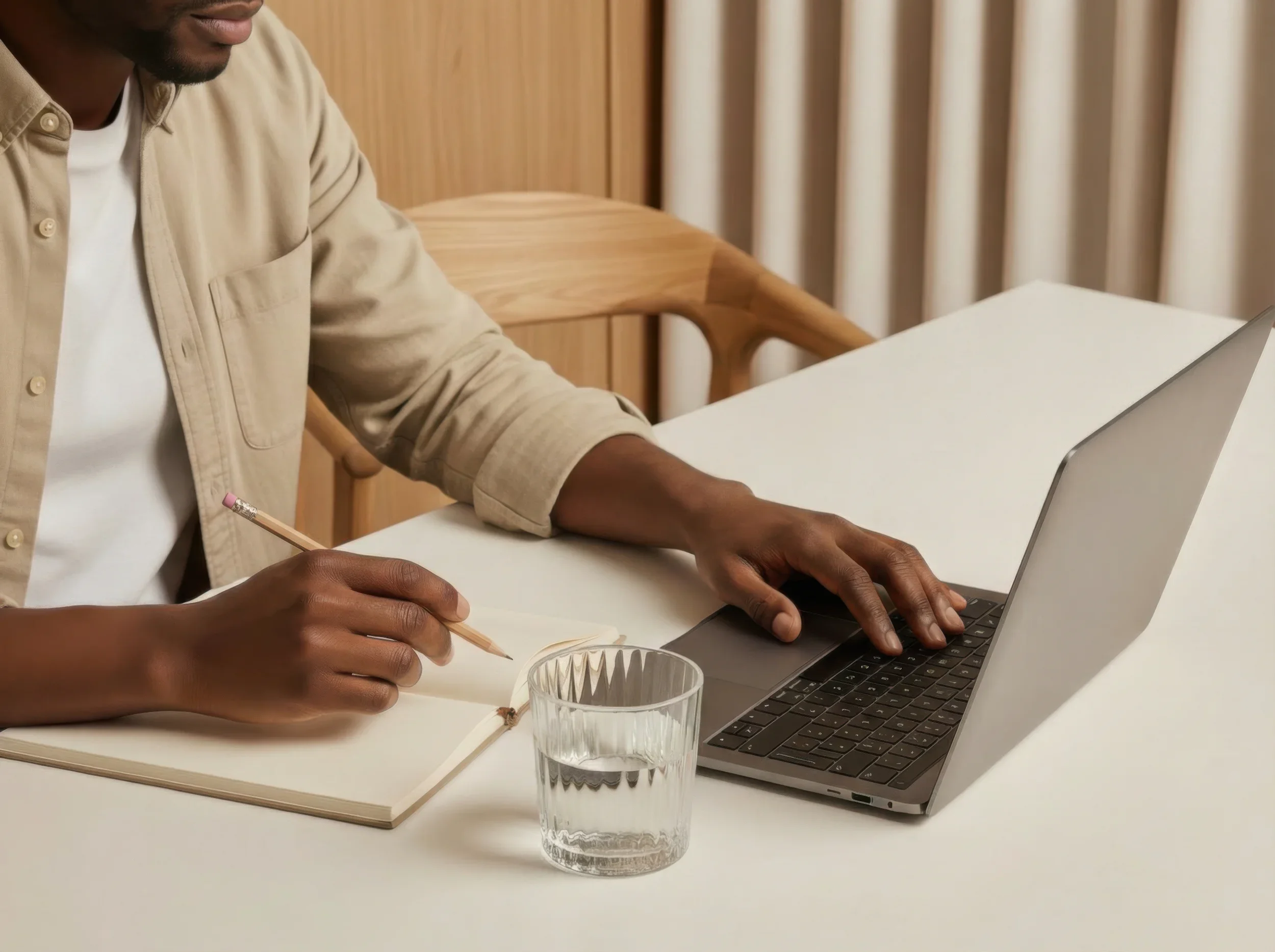 Person working on a laptop next to a notebook