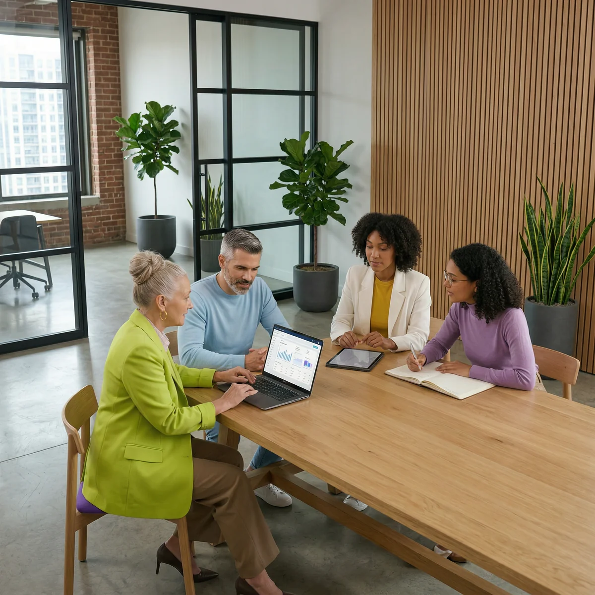 Team meeting around a table with laptops