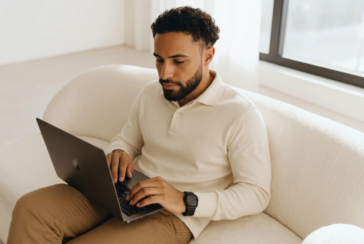 Man using a laptop on a sofa