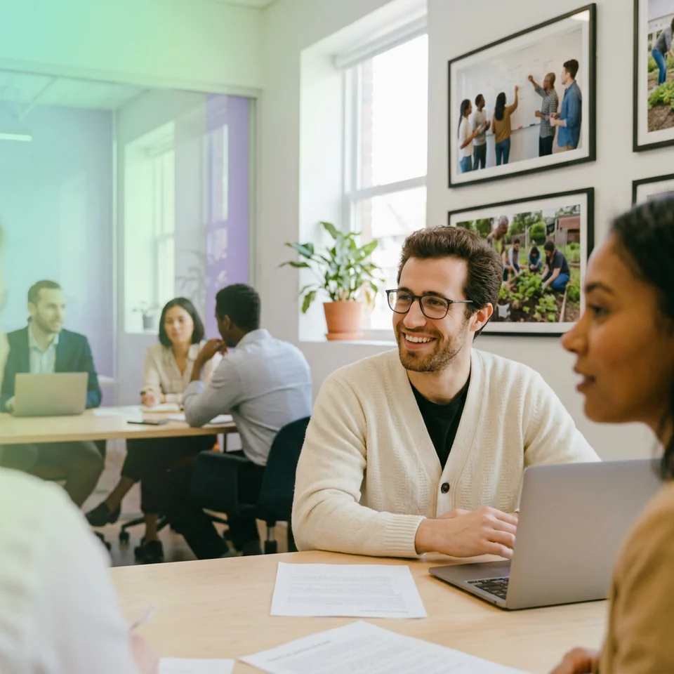 Colleagues smiling in an office meeting