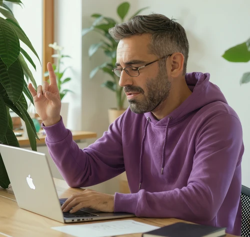 Man in a purple hoodie working on a laptop